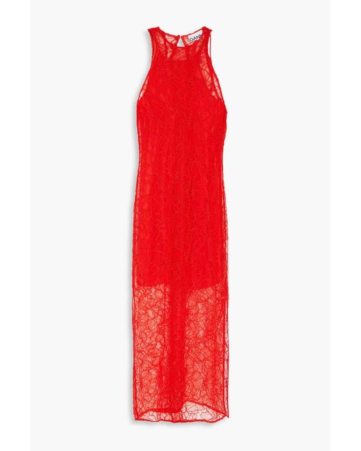 Ganni Red Corded Lace Midi Dress