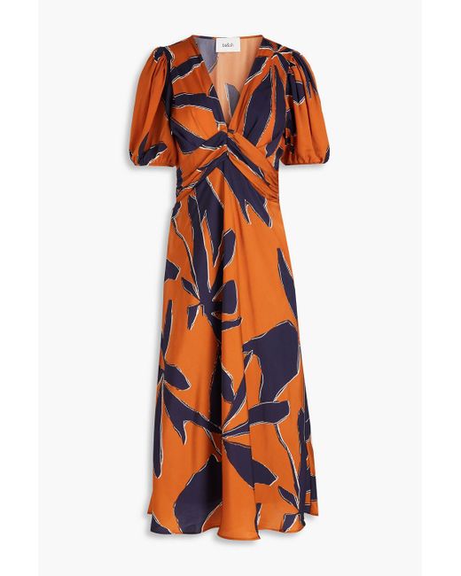 Ba&sh Orange Ruched Printed Satin Midi Dress
