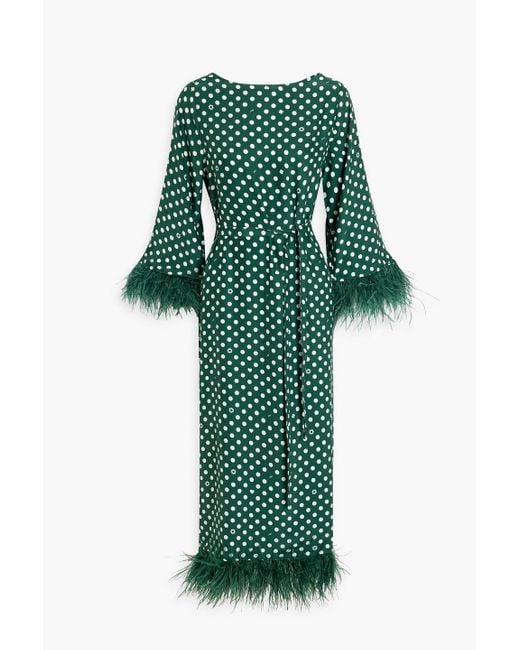 HVN Green Andrea Feather-trimmed Polka-dot Silk Midi Dress