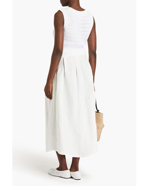 Vince White Pleated Linen-blend Midi Skirt
