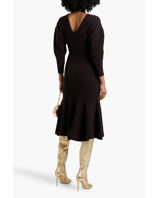 Alexander McQueen Black Flared Ribbed Wool And Cashmere-Blend Midi Dress