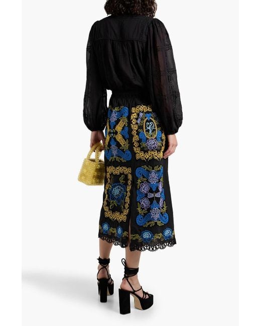 Farm Rio Black Cotton-Guipure Lace Midi Skirt