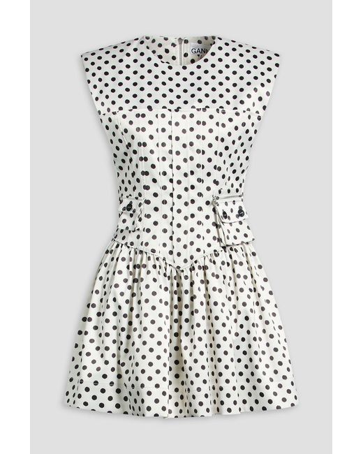 Ganni White Polka-Dot Satin Mini Dress