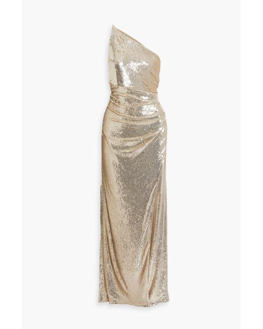 Halston Heritage Natural Adriana One-Shoulder Sequined Jersey Gown