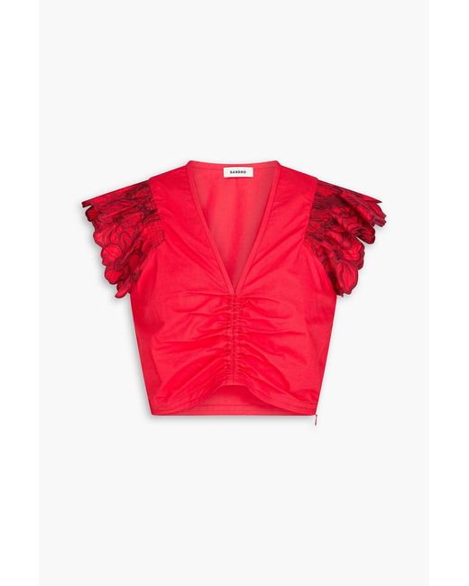 Sandro Cropped Embroidered Cotton-Blend Poplin Top