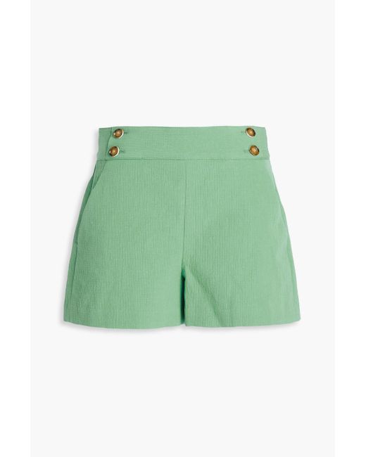 Veronica Beard Green Kimm Button-embellished Cotton And Linen-blend Shorts