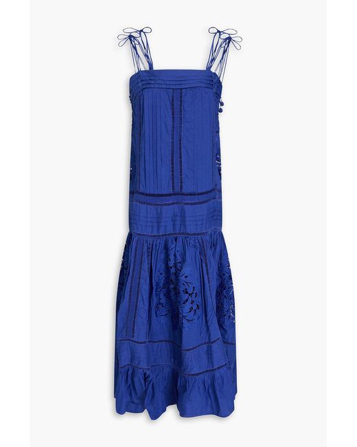 Farm Rio Blue Bead-embellished Guipure Lace-paneled Cotton-voile Maxi Dress