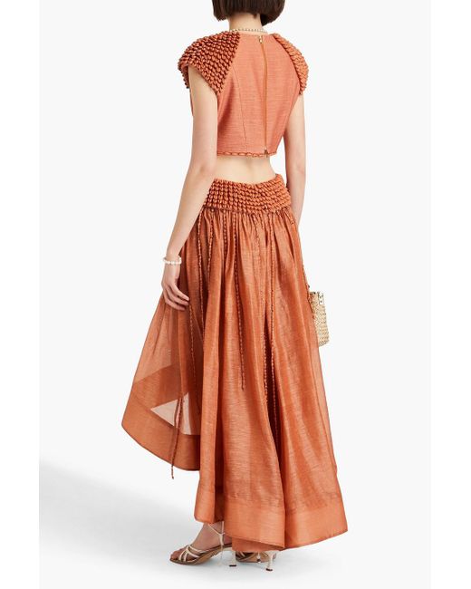 Zimmermann Orange Asymmetric Shell-embellished Linen And Silk-blend Maxi Skirt