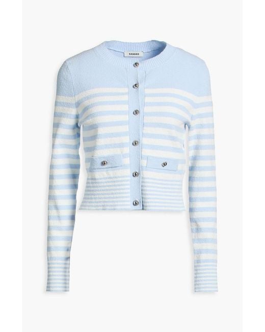 Sandro Blue Striped Bouclé-knit Cotton-blend Cardigan