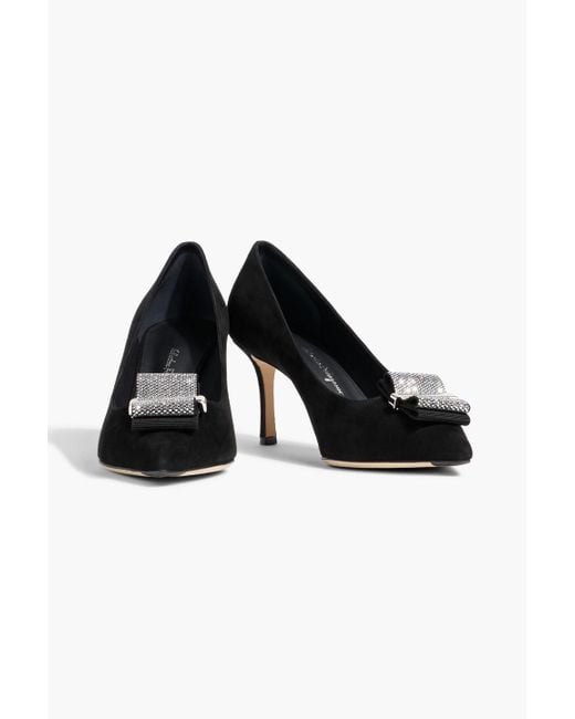 Ferragamo Black Winnie 70 Crystal-embellished Suede Pumps