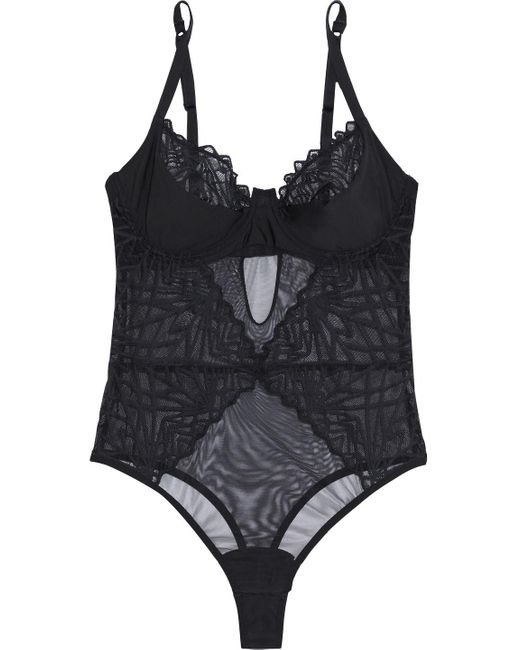 Cosabella Black Keira Jersey-paneled Embroidered Stretch-mesh Thong Bodysuit