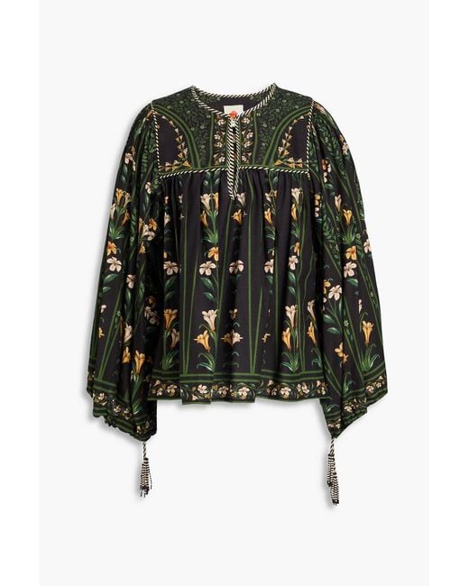 Farm Rio Black Bead-embellished Floral-print Linen-blend Blouse