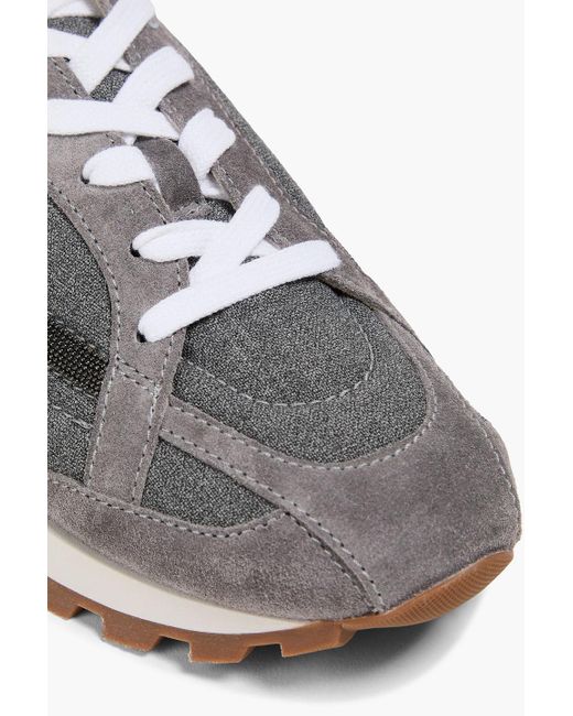Brunello Cucinelli Gray Bead-Embellished Metallic Leather, Suede And Wool Sneakers