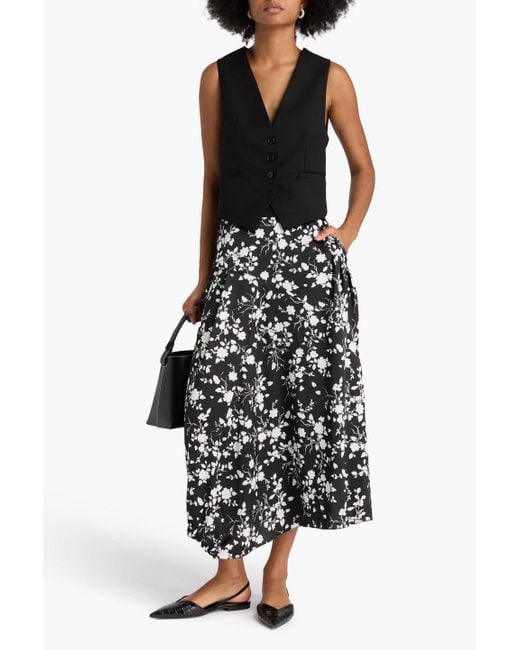 High White Floral-Print Satin Midi Skirt