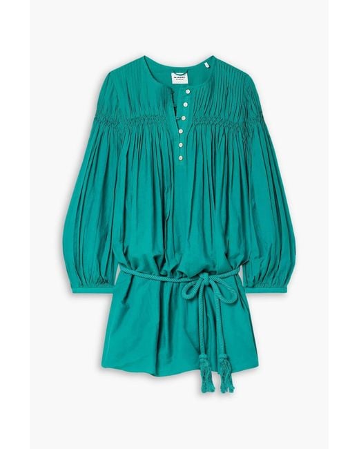 Isabel Marant Green Adeliani Belted Pintucked Smocked Cotton-blend Voile Mini Dress