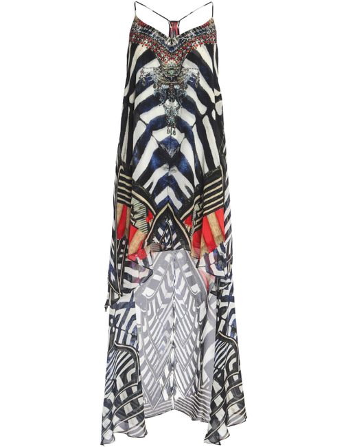 Camilla Black Asymmetric Embellished Printed Silk-chiffon Dress
