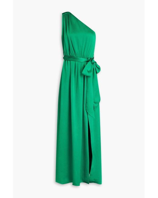 ML Monique Lhuillier Green One-shoulder Hammered-satin Maxi Dress