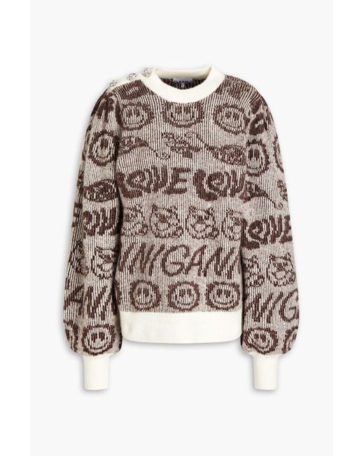 Ganni Wool Crystalembellished Jacquardknit Sweater in White Lyst