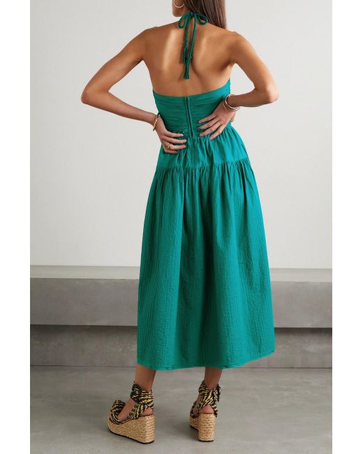 Ulla Johnson Green Emmaline neckholder-midikleid aus baumwoll-voile mit raffungen, rüschen und biesen