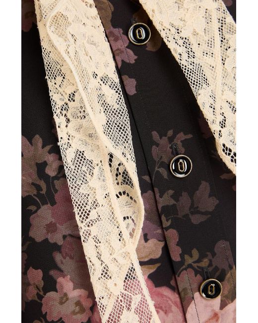 Zimmermann Black Lace-trimmed Floral-print Silk-crepe Shirt