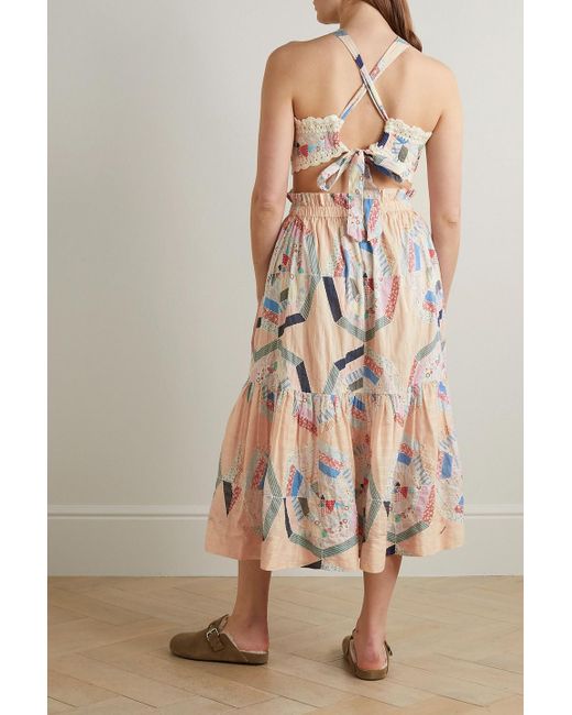 Sea White Quin maxikleid aus bedruckter baumwolle in patchwork-optik mit cut-outs und häkelbesätzen