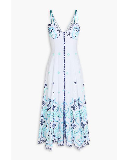 Charo Ruiz Blue Broderie Anglaise Cotton-Blend Midi Dress