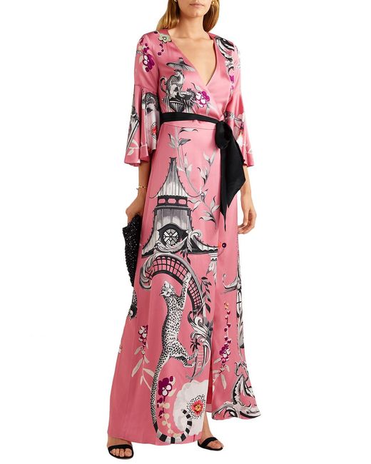 Temperley London Red Euphoria Printed Satin-crepe Maxi Wrap Dress