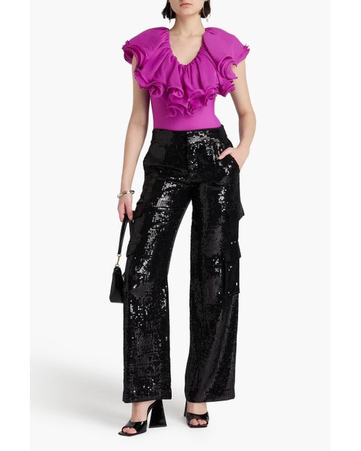 ROTATE BIRGER CHRISTENSEN Pink Ruffled Chiffon And Stretch-jersey Bodysuit
