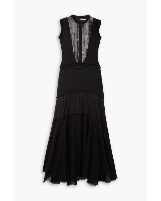 Rue Mariscal Black Frayed Embroidered Pointelle-knit Cotton Maxi Dress