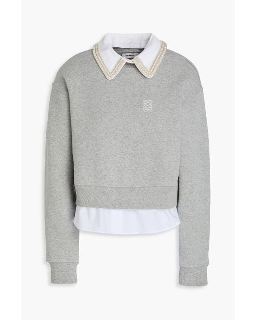 Sandro Gray Embellished Poplin-Trimmed Cotton-Blend Fleece Sweatshirt