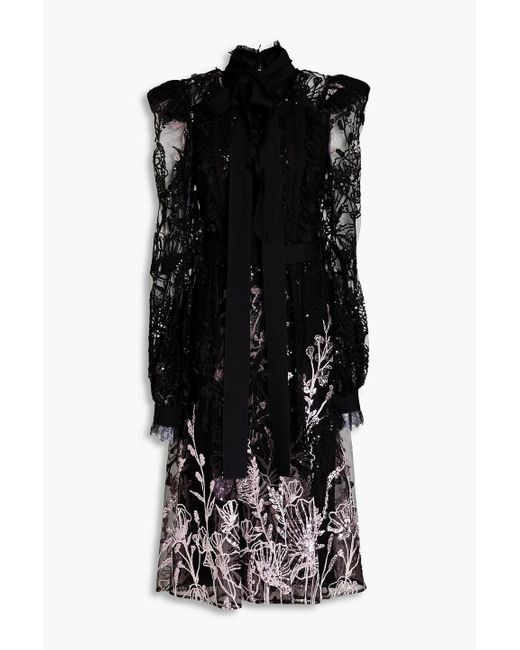 Elie Saab Black Embroidered Sequin-embellished Tulle Midi Dress