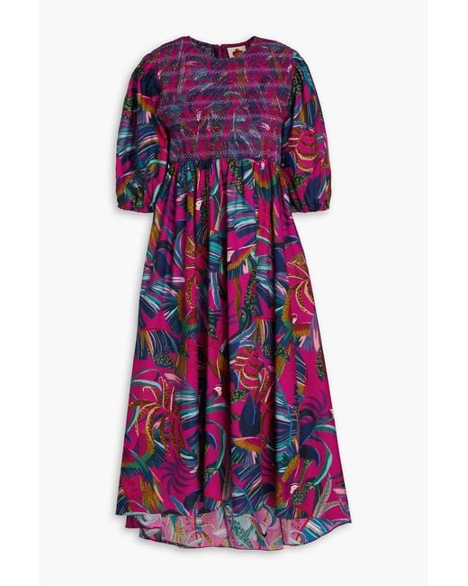 Farm Rio Purple Smocked Printed Cotton-Poplin Midi Dress