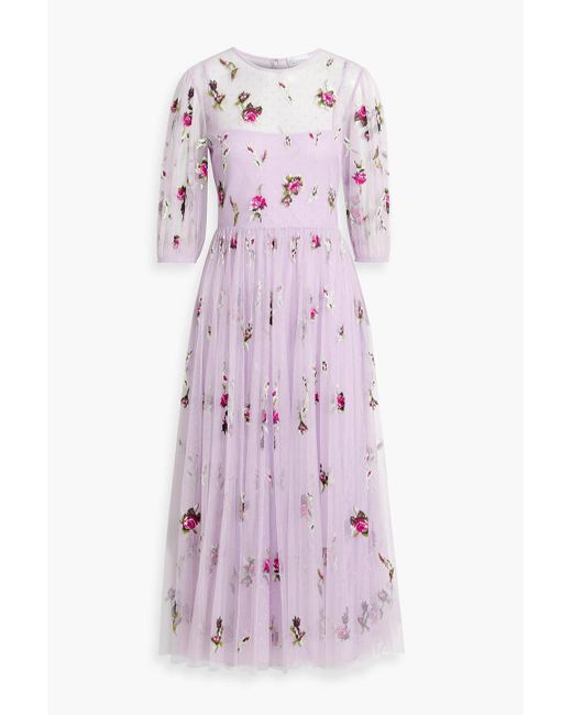 RED Valentino Purple Pleated Embroidered Point D'esprit Midi Dress