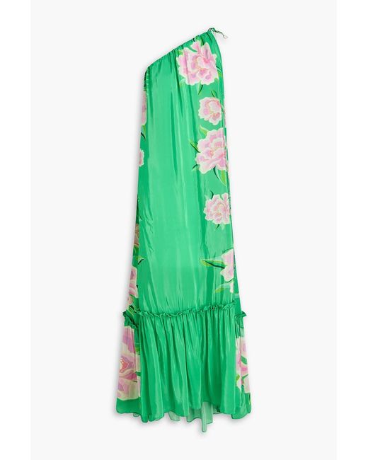 Farm Rio Green One-Shoulder Floral-Print Satin Maxi Dress
