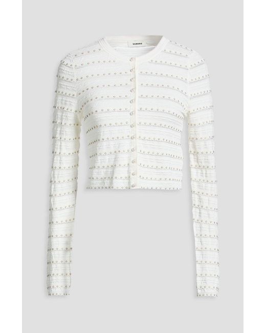 Sandro White Bead-Embellished Crochet-Knit Cardigan