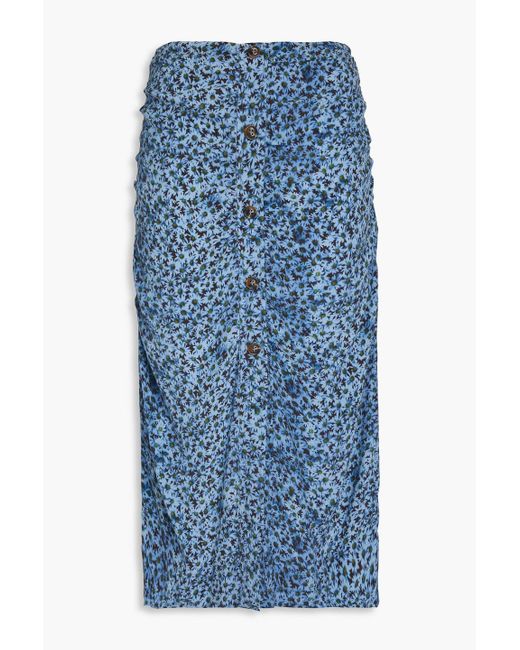 Ganni Blue Button-embellished Ruched Floral-print Crepe Midi Skirt