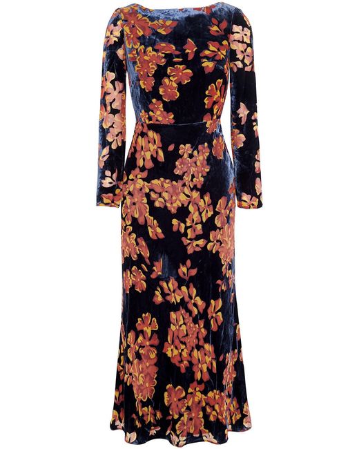 Saloni Red Floral-print Velvet Midi Dress