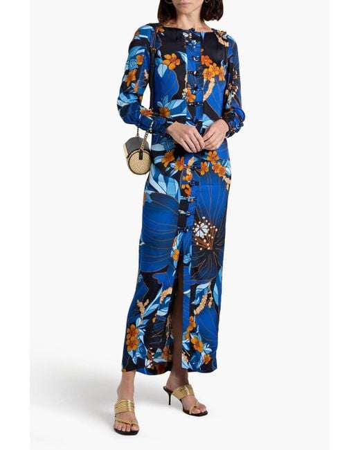 Farm Rio Blue Knotted Floral-Print Satin Maxi Dress