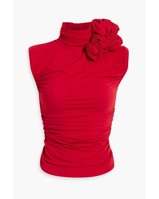 Magda Butrym Red Floral-appliquéd Ruched Stretch-jersey Top