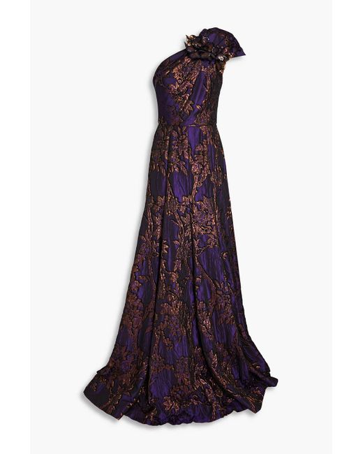 Andrew Gn Purple One-shoulder Floral-appliquéd Metallic Brocade Gown