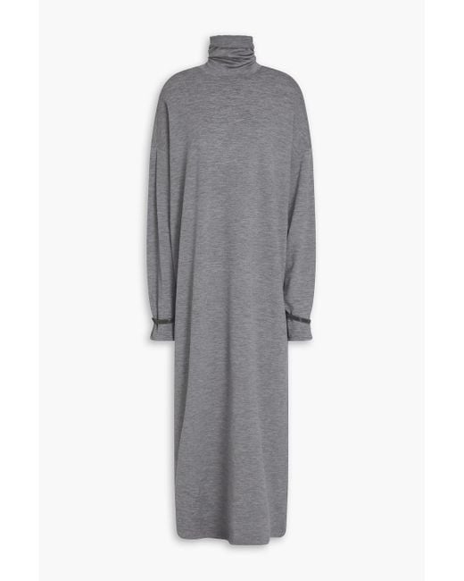 Brunello Cucinelli Gray Midikleid aus jersey aus einer wollmischung mit stehkragen und zierperlen