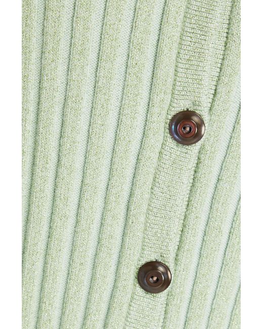 Tory Burch Green Metallic Ribbed Merino Wool-blend Cardigan