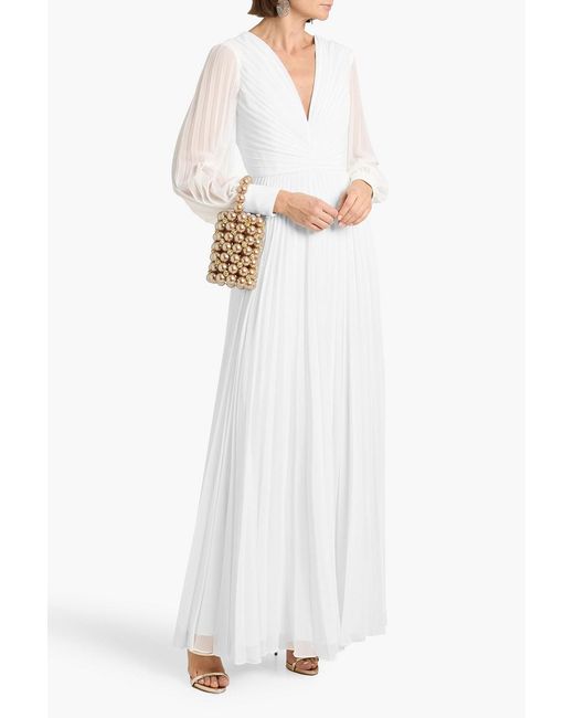Badgley Mischka White Pleated Crepe De Chine Maxi Dress