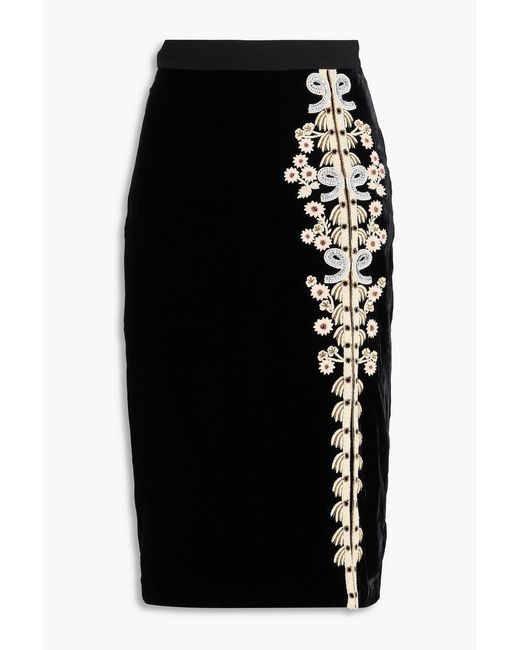 Saloni Black Kirsten Embellished Velvet Midi Pencil Skirt