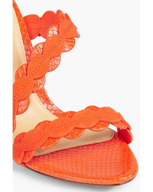 Alexandre Birman Red Barbara 85 Scalloped Suede And Snake-effect Leather Mules