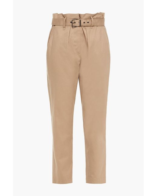 Brunello Cucinelli Natural Bead-embellished Pleated Stretch-cotton Gabardine Tapered Pants