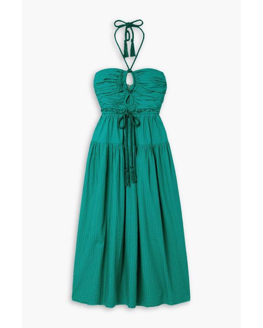 Ulla Johnson Green Emmaline neckholder-midikleid aus baumwoll-voile mit raffungen, rüschen und biesen