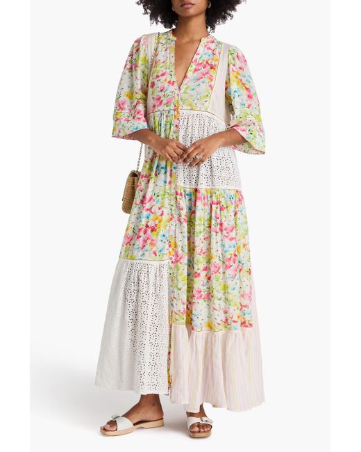 byTiMo White Floral-Print Patchwork Cotton-Blend Mousseline Maxi Dress