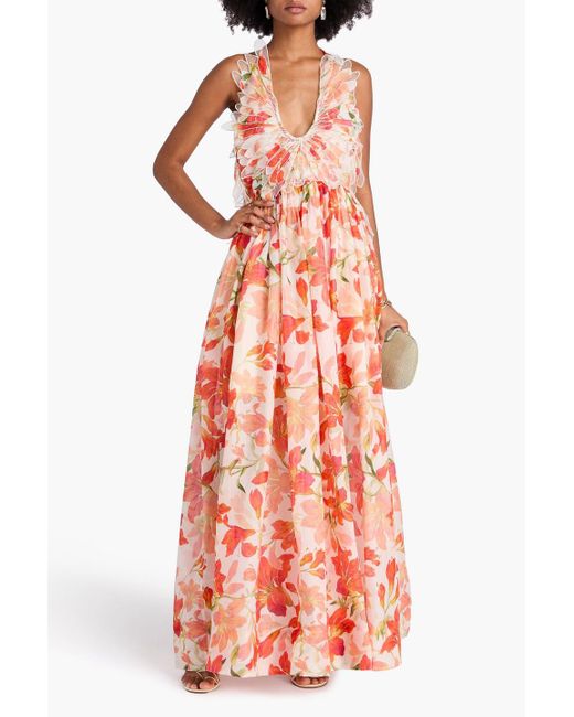 Zimmermann White Maxikleid aus organza aus einer leinen-seidenmischung mit floralem print und rückenausschnitt