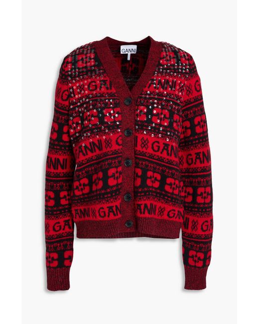 Ganni Red Sequin-embellished Jacquard-knit Cardigan